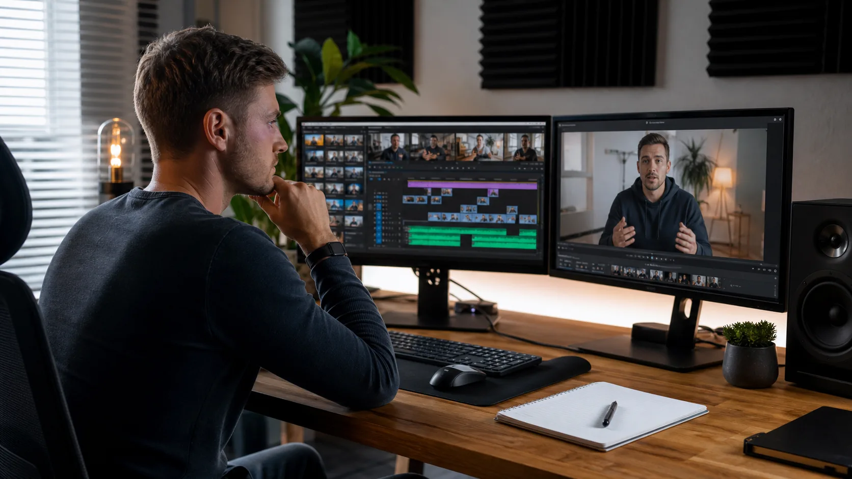 Video editor reviewing the cost to edit a YouTube video at a dual-monitor workstation