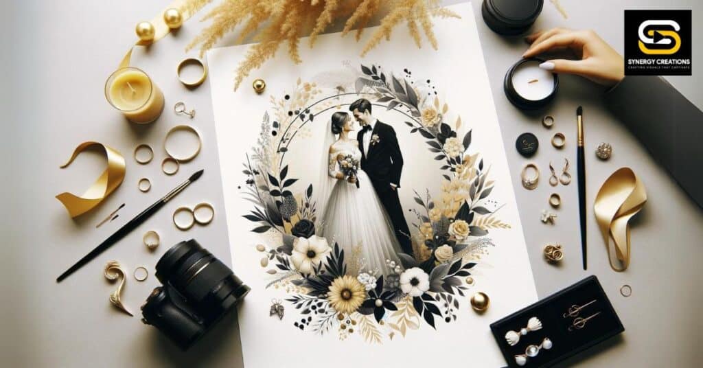 Couple in an intimate pose, highlighting their happiness and love. Surround with subtle wedding details that photographers must capture, like rings, floral decorations, and elegant accessories. A joyful wedding atmosphere. emphasizing the article's professional tips on wedding wedding details shot list.