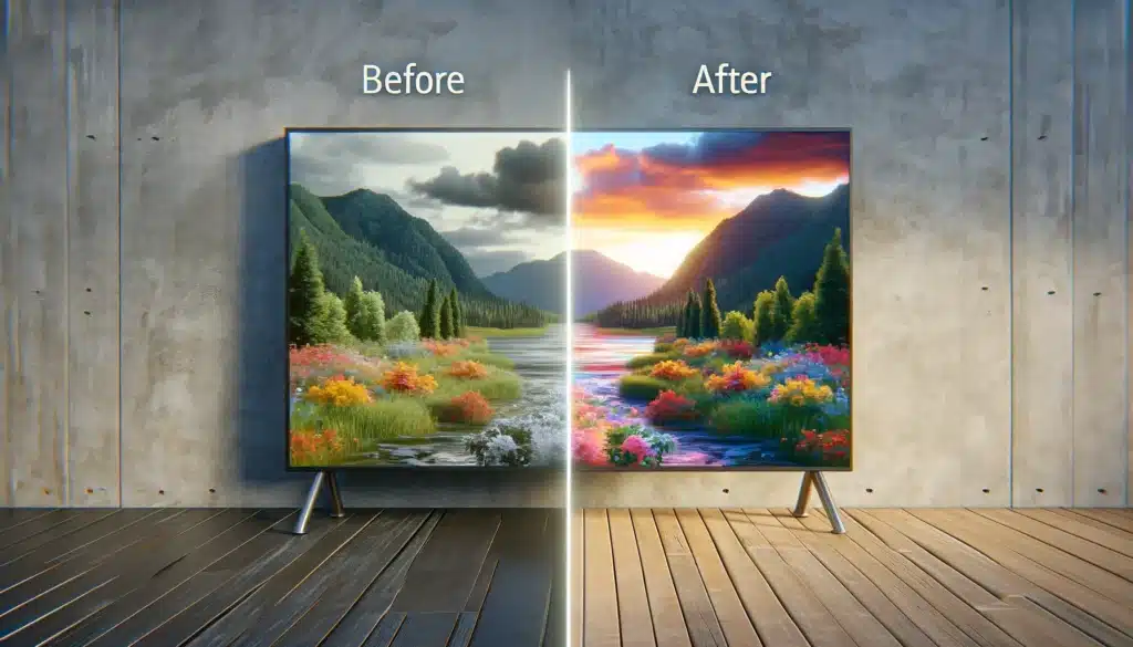 A split-screen visual showcasing a raw video clip on one side and the AI-enhanced version on the other.