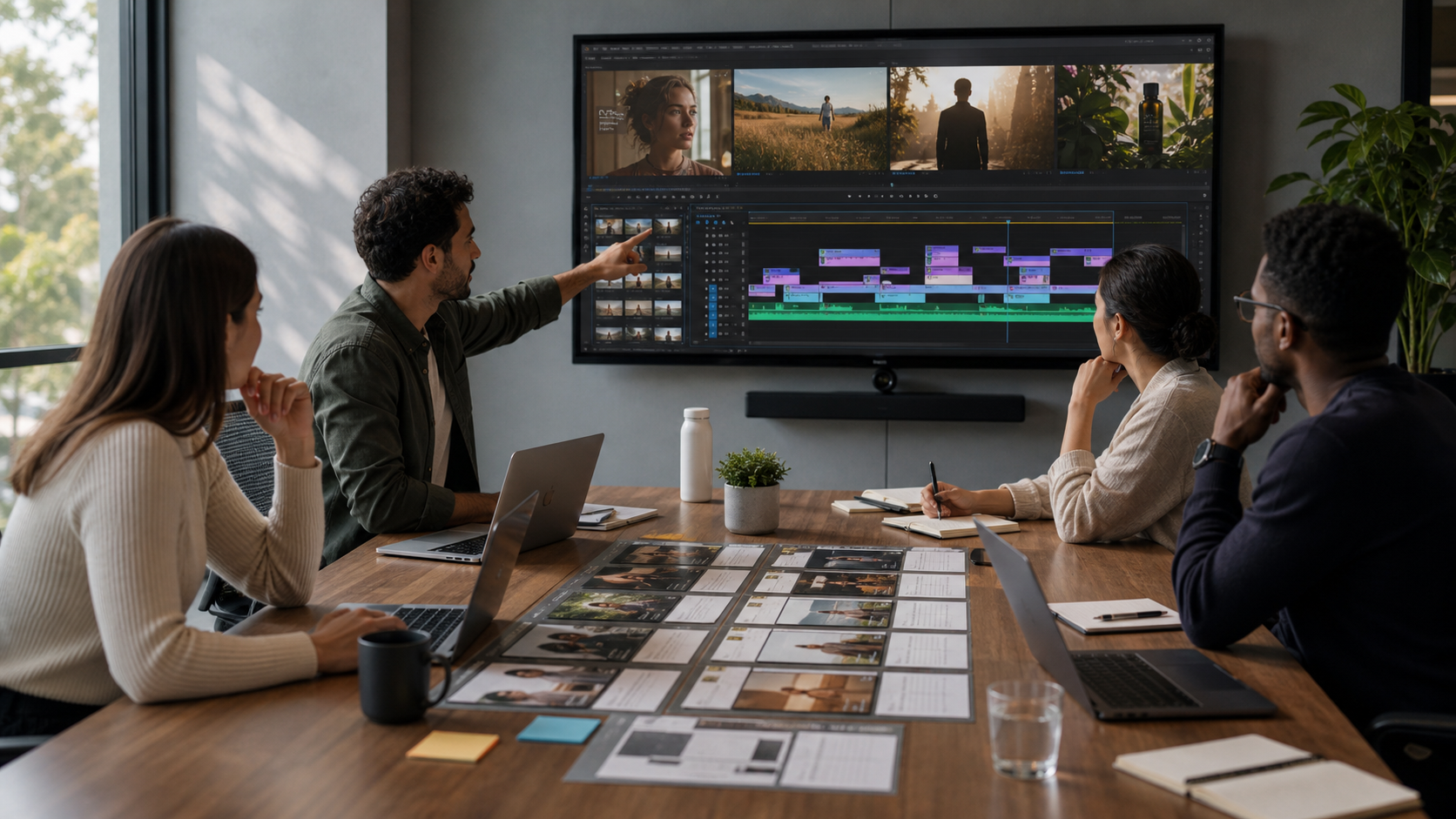 Brand marketing team reviewing professional video post production edits