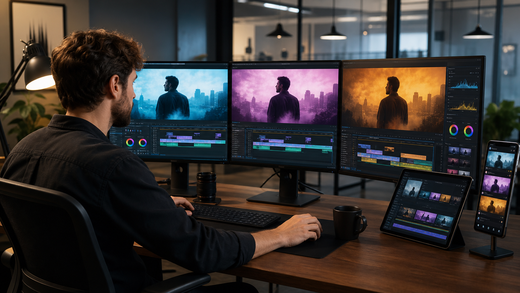Creative video editing services showing brand color grading and social media previews