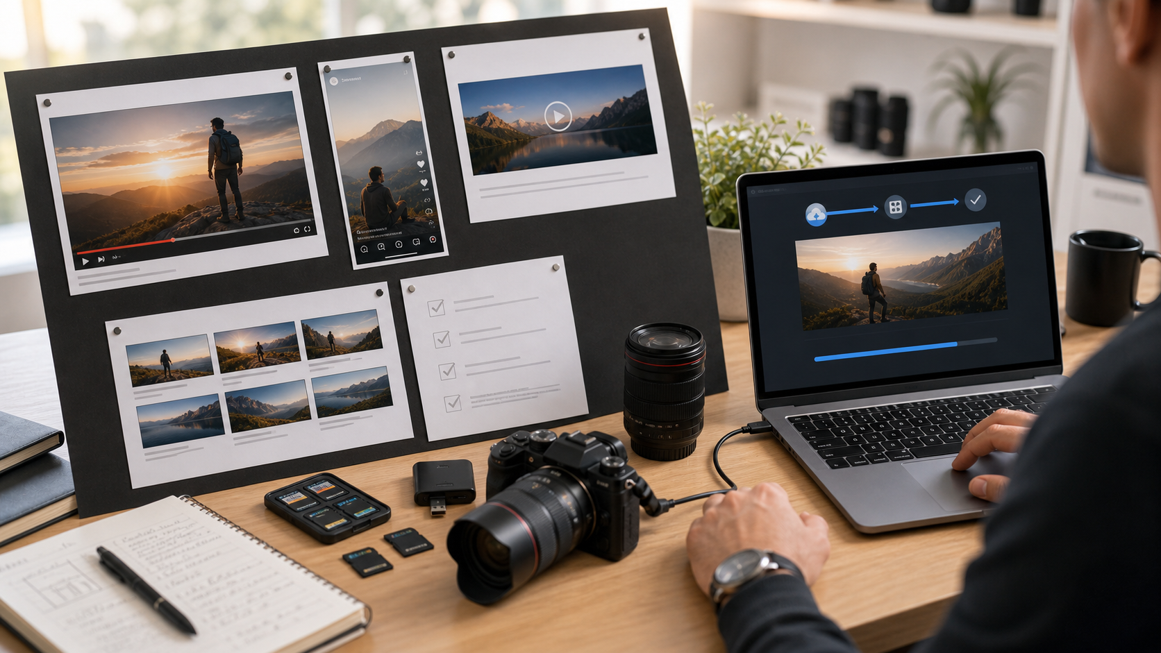 Final video delivery board with platform-ready versions after editing raw footage