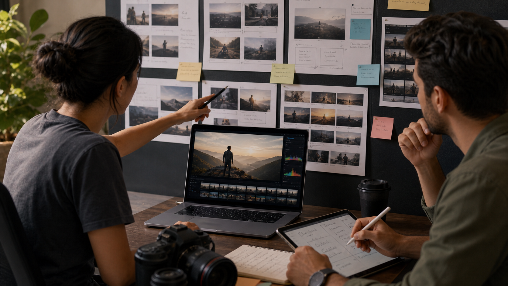 Creators reviewing a rough cut and storyboard frames after a videography course