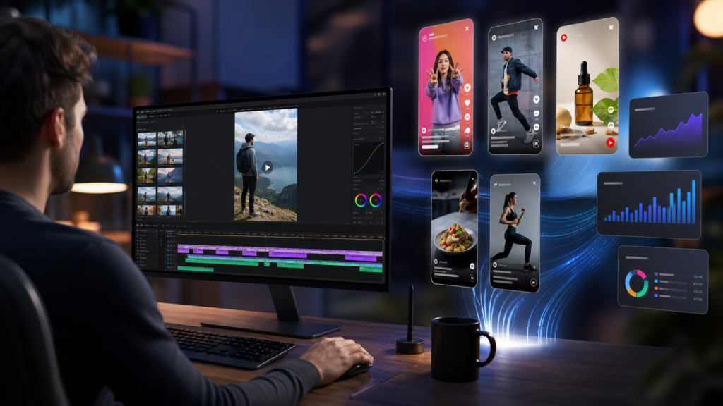 Professional short form video editing services workstation for Reels TikTok YouTube Shorts and Facebook videos