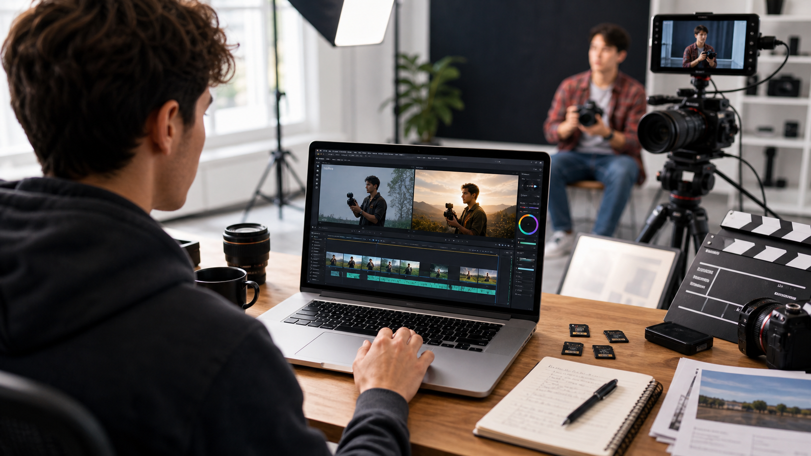 Videography course graduate turning raw footage into professional content in a training studio