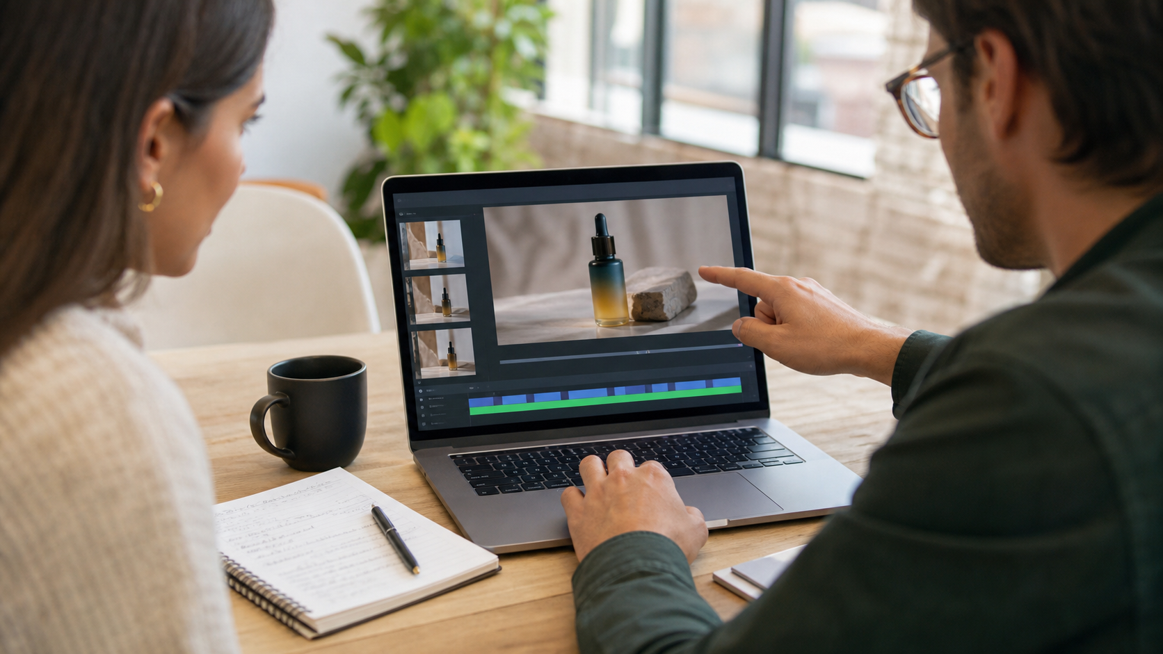 Client reviewing edited marketing video with feedback notes