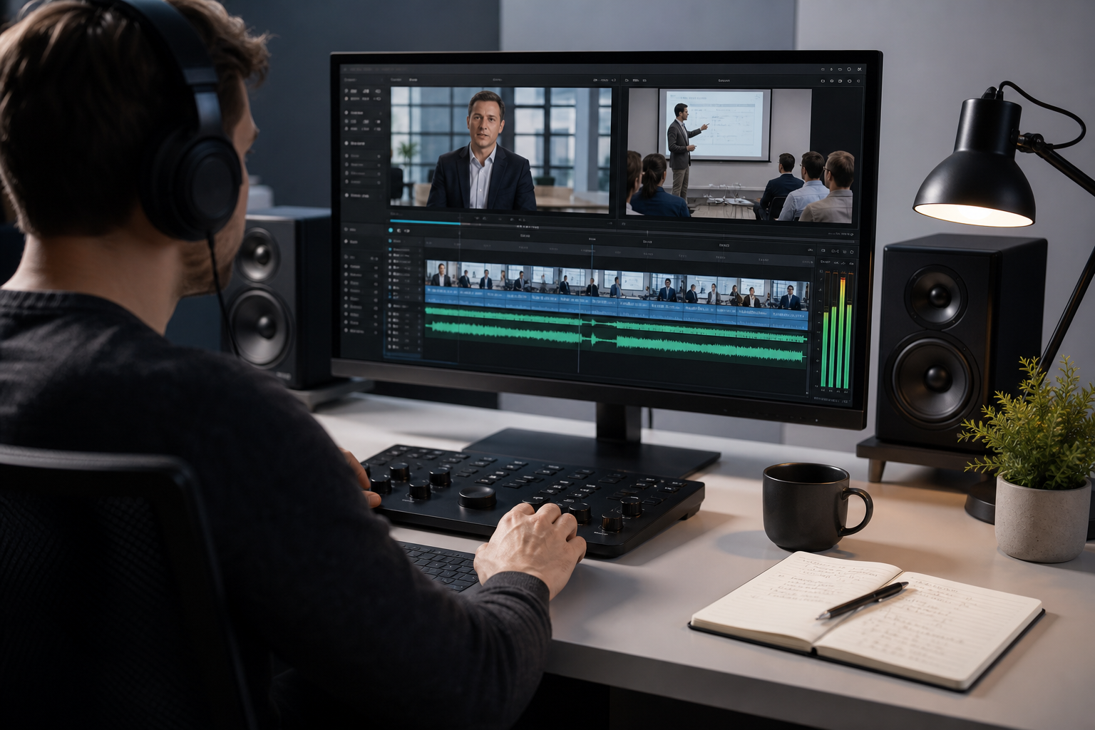 Corporate interview video editing project with sound mixing and presentation footage