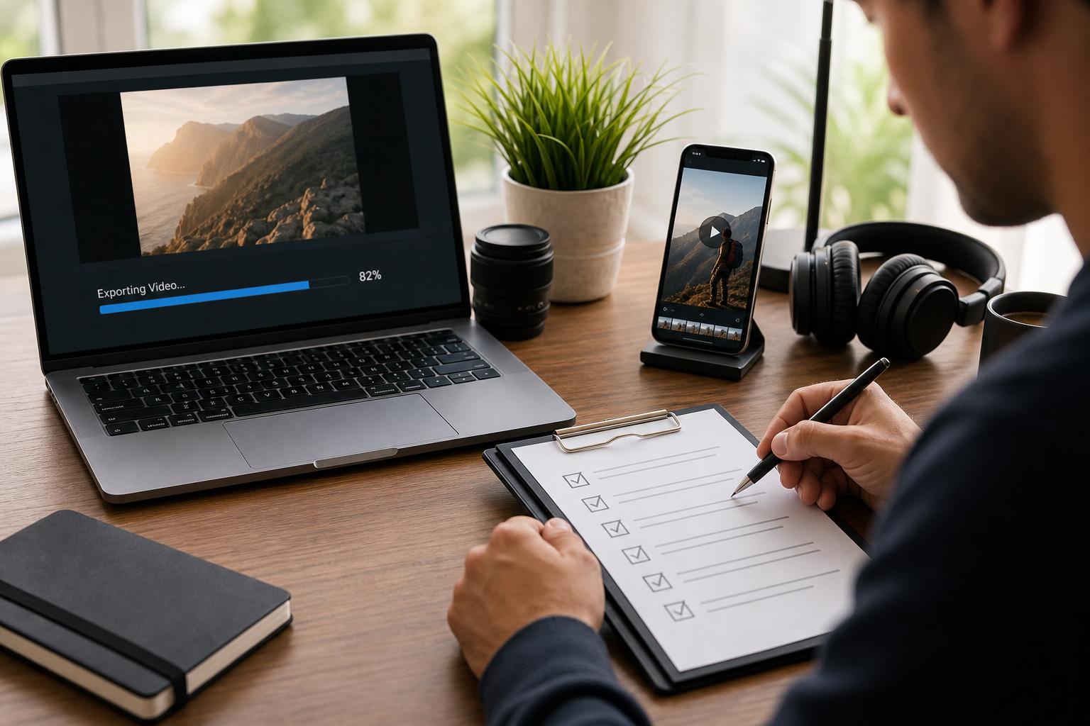 Creator checking final video export files before publishing