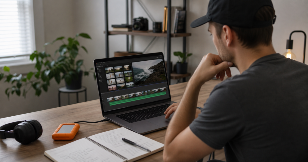 Creator learning how to outsource video editing while reviewing raw footage on a laptop