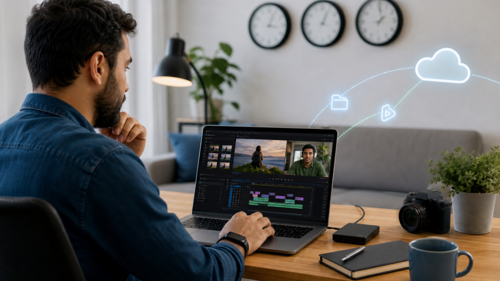 US creator reviewing remote Pakistan video editing workflow on a laptop