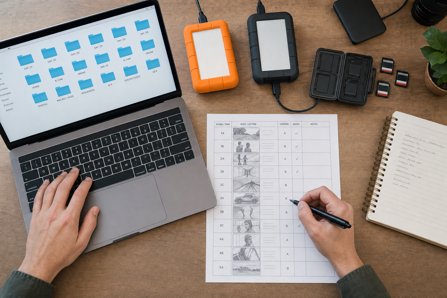 Organized raw footage files, SD cards, and editing notes prepared for a video editor