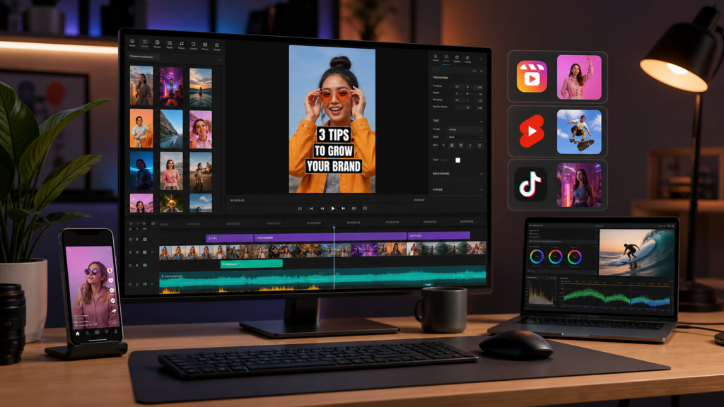 Short form video editing workstation with vertical social video timeline