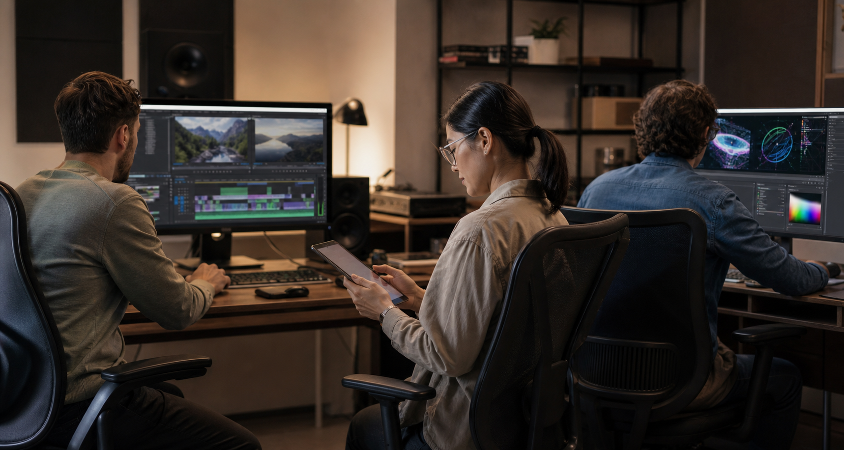 Video editing agency team reviewing timelines and motion graphics workflow