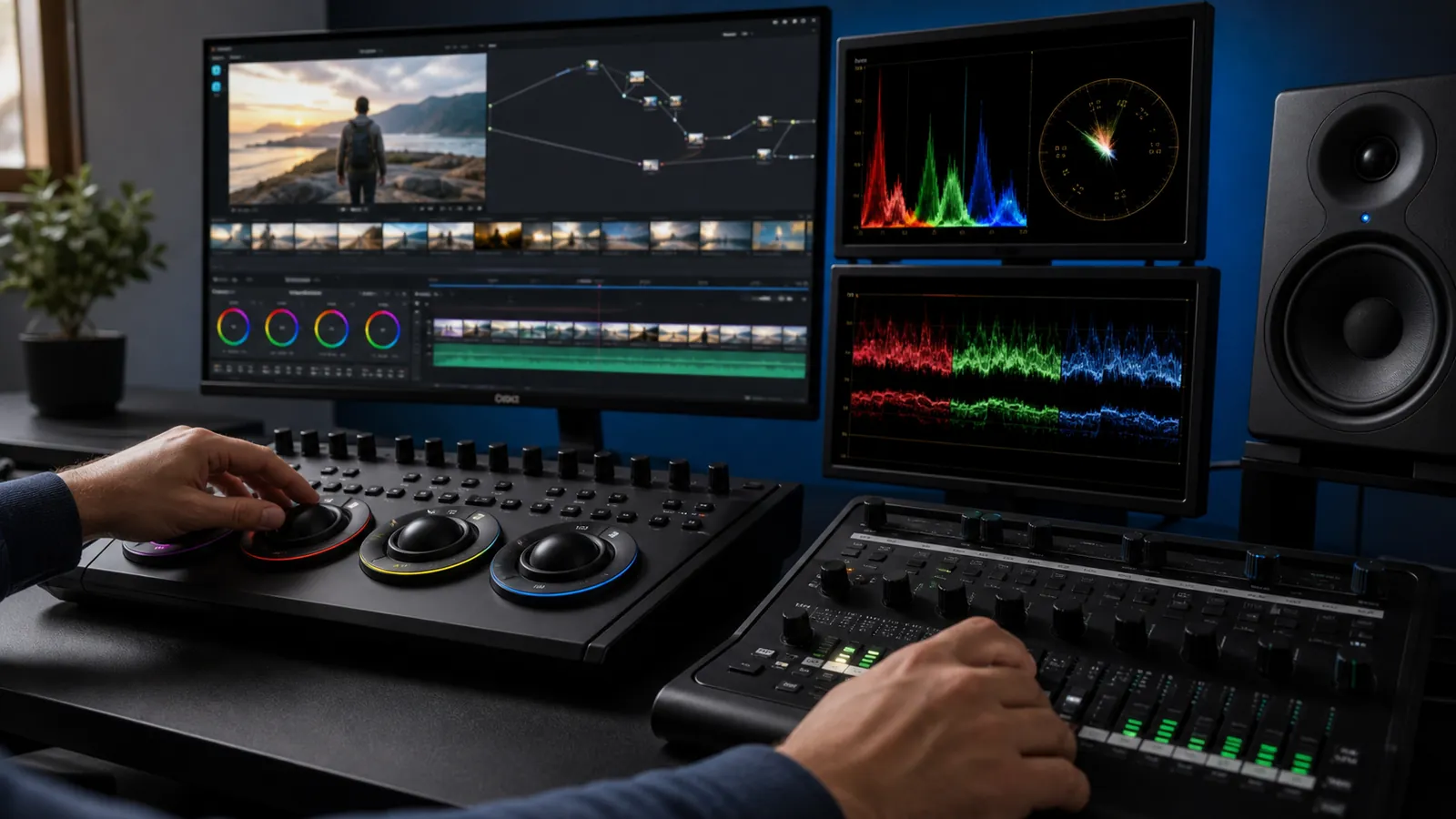 Video editor adjusting color correction and audio controls