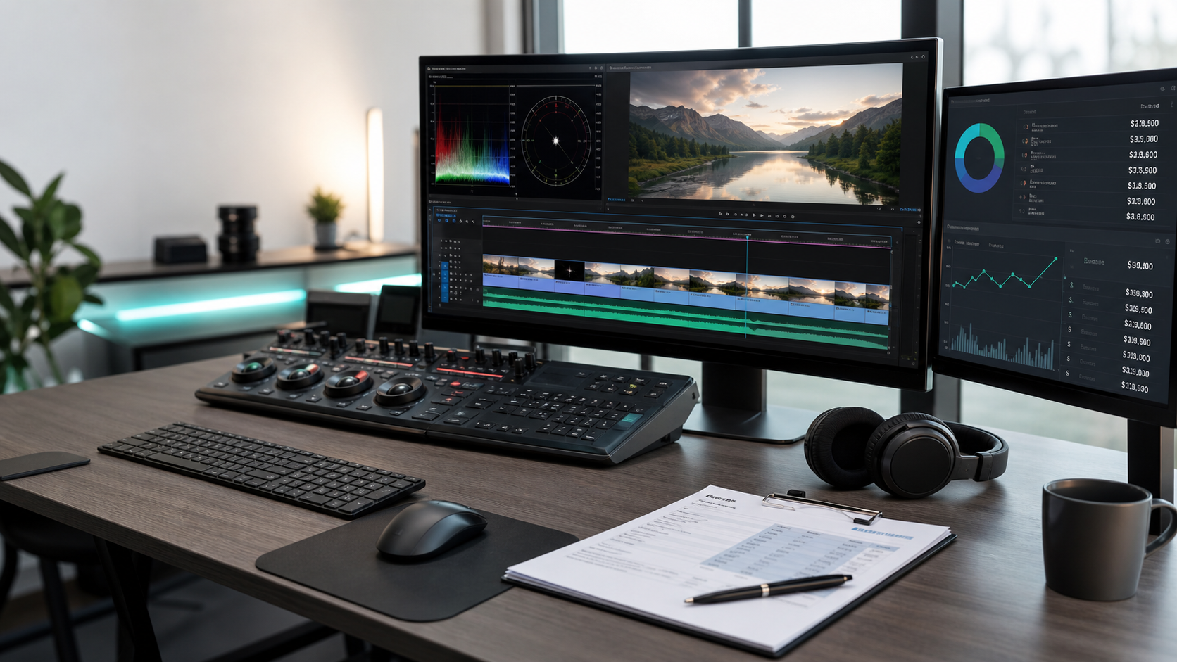 Video editing workstation showing a project timeline and pricing notes for 2026 video editing costs