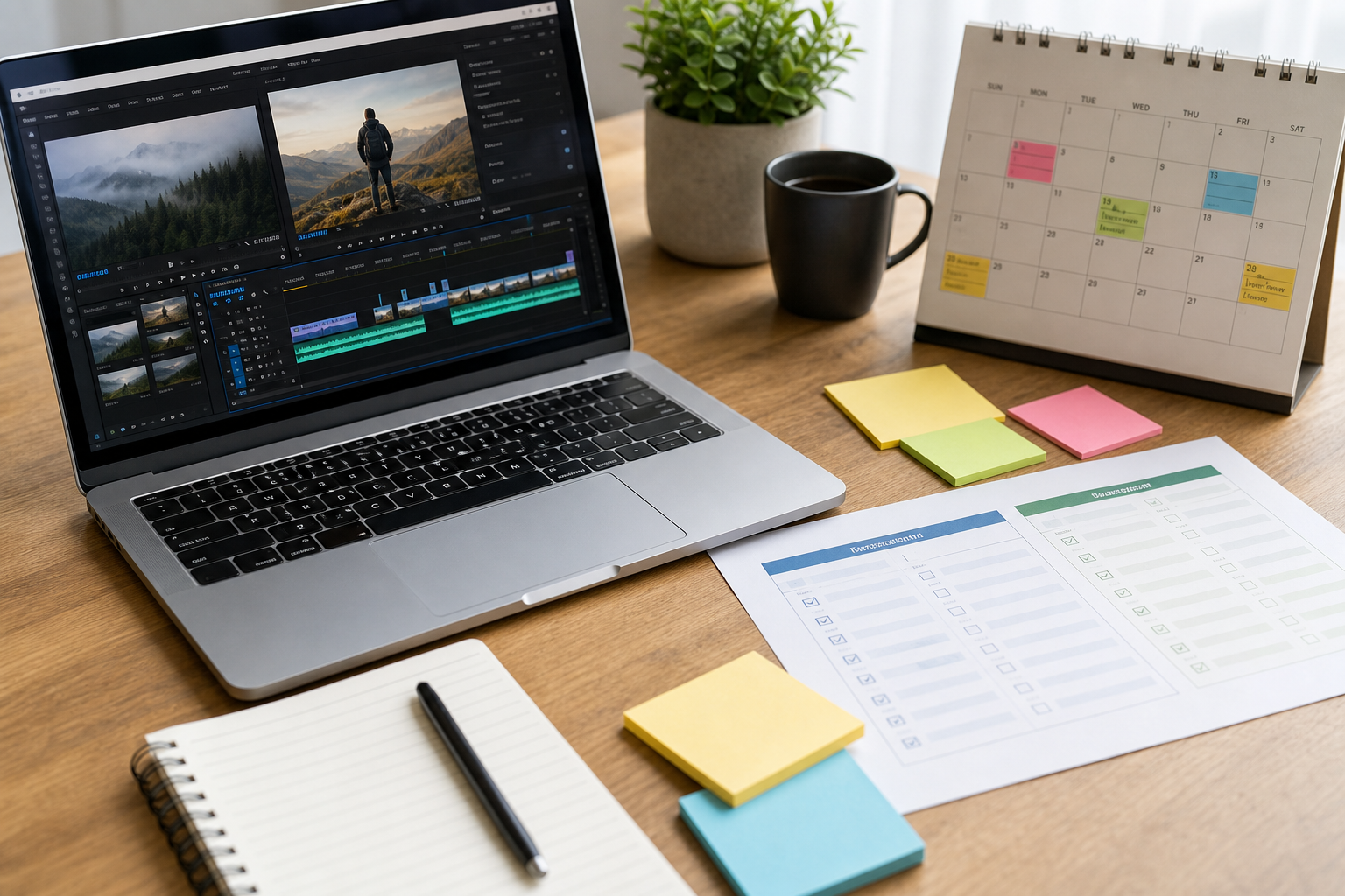 Video editing hiring checklist with laptop timeline and content calendar