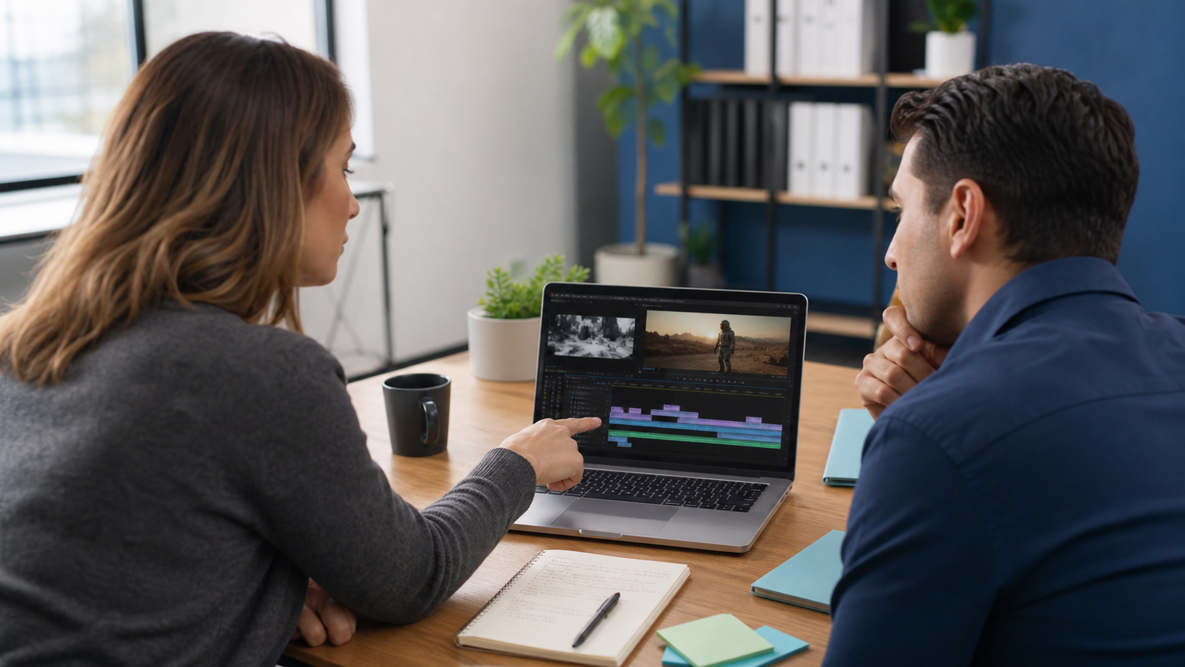 US team reviewing offshore video editing quality on a laptop