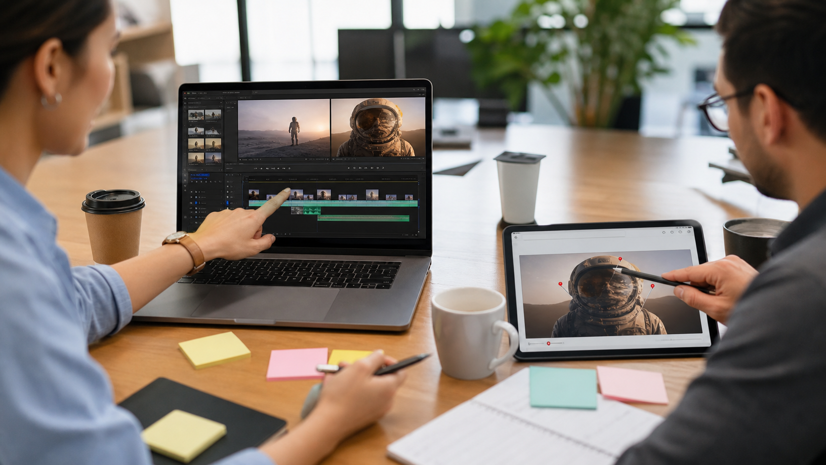 Marketing team reviewing video editing revisions and timeline notes