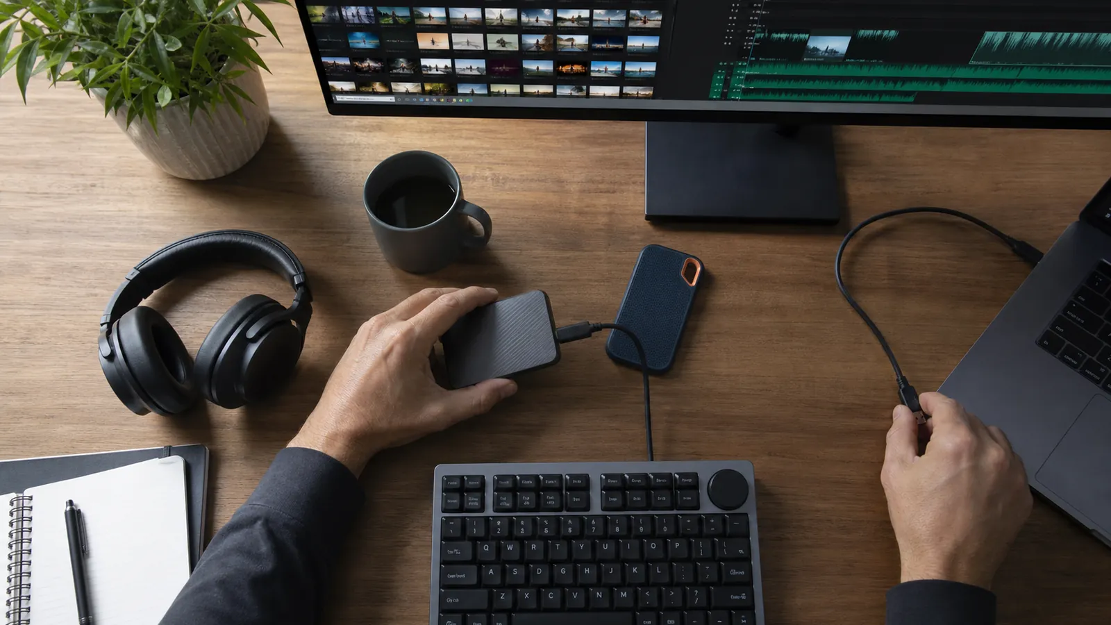 Video editor organizing raw footage on external storage drives