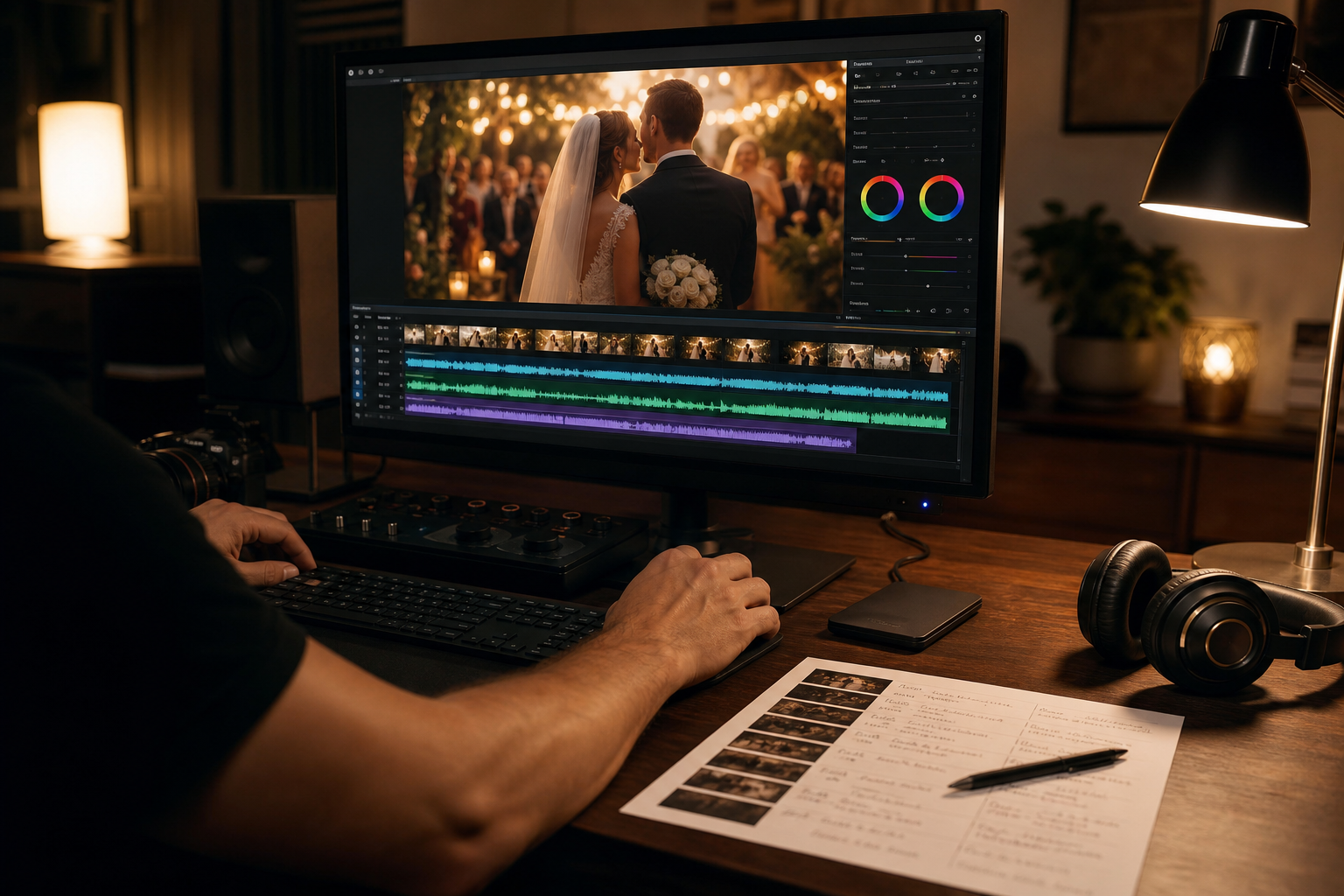 Wedding video editing workstation with timeline, audio tracks, and color correction controls