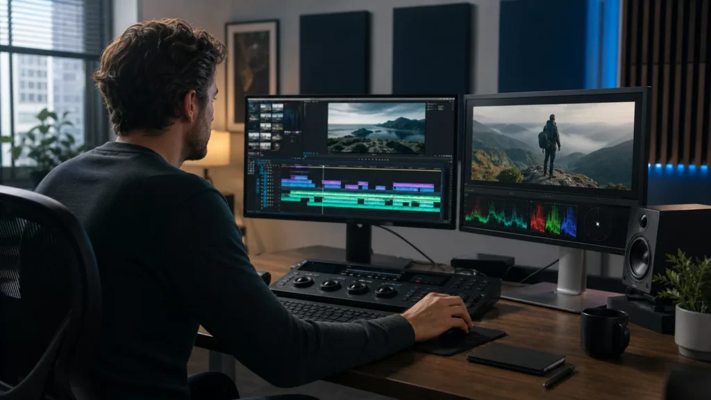 Professional video editor working on a post-production timeline