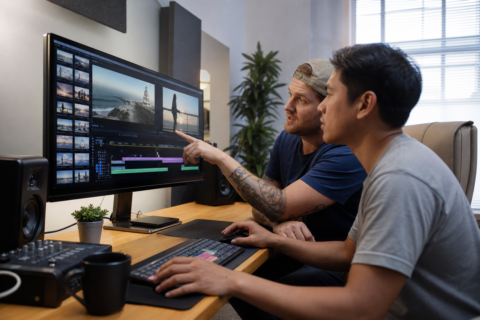 Local video editor reviewing footage with a US content creator