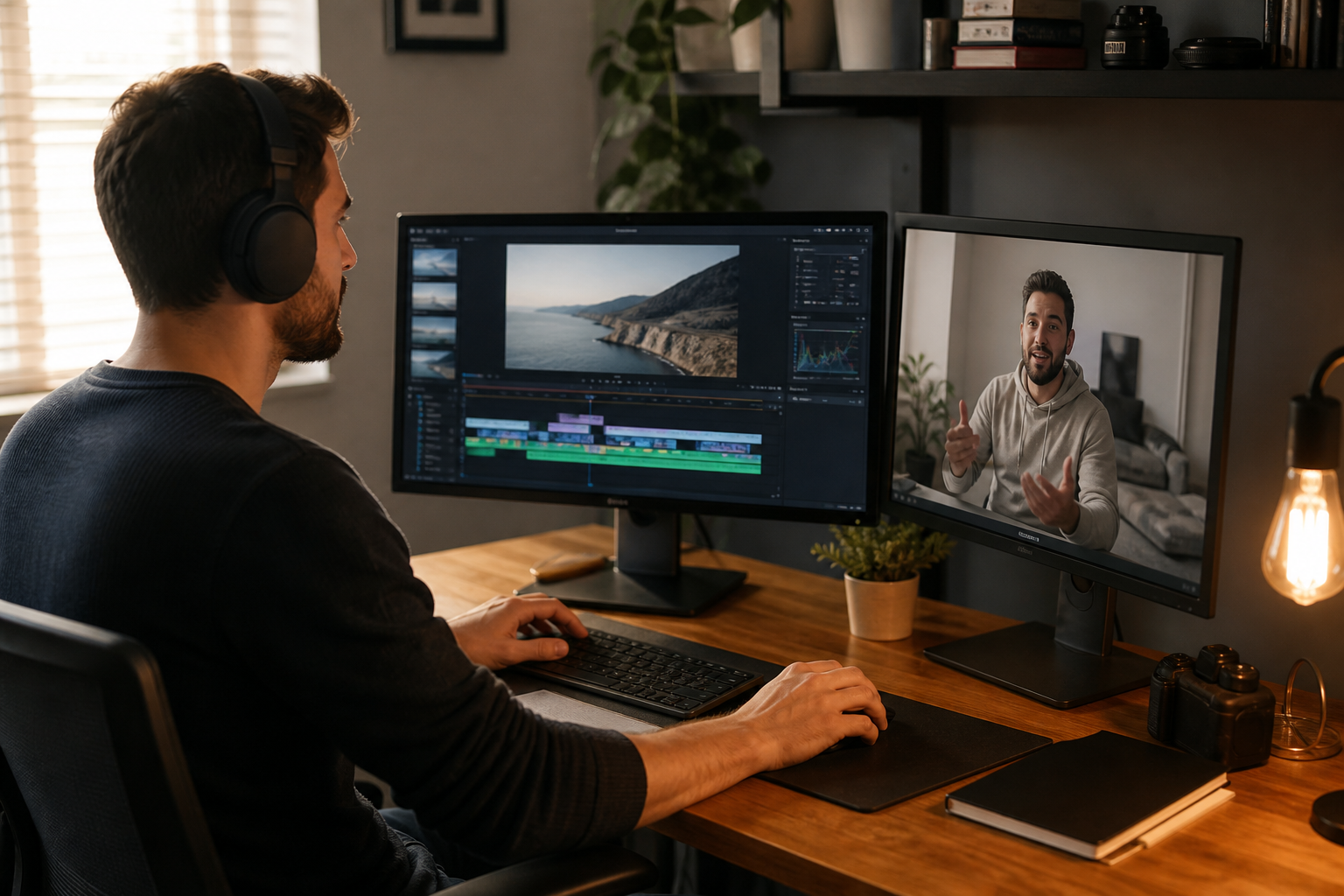 Remote video editor collaborating online with a US creator