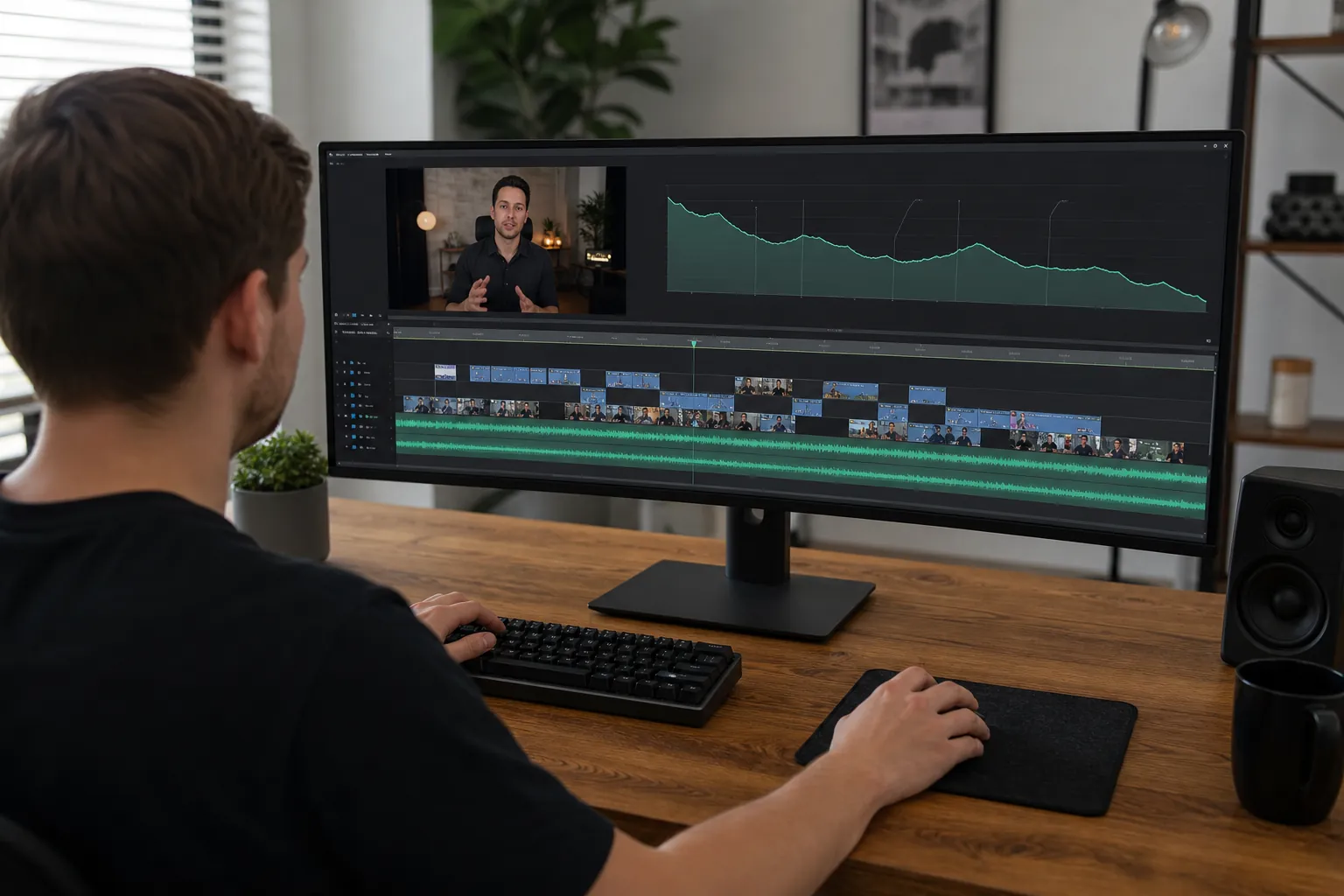 Video editor studying audience retention while refining a YouTube timeline